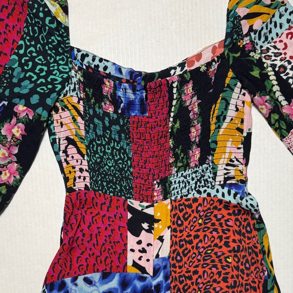 DESIGUAL Colorful Animal Print Patchwork Midi Dress Side Slit Smocked Back SM - Picture 16 of 17